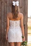 Ivory Corset Bodycon Strapless Lace Pearls Short Bridal Shower Dress with Bow