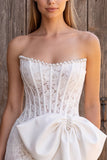Ivory Corset Bodycon Strapless Lace Pearls Short Bridal Shower Dress with Bow