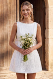 Ivory A-Line Pearls Boat Neck Lace Short Bridal Shower Dress with Bow