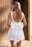 Ivory A-Line Pearls Boat Neck Lace Short Bridal Shower Dress with Bow