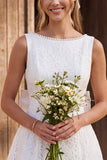 Ivory A-Line Pearls Boat Neck Lace Short Bridal Shower Dress with Bow