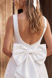 Ivory A-Line Pearls Boat Neck Lace Short Bridal Shower Dress with Bow