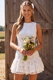Floral Ivory A-Line Bateau Neck Lace Tiered Ruffle Short Bridal Shower Dress