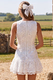 Floral Ivory A-Line Bateau Neck Lace Tiered Ruffle Short Bridal Shower Dress
