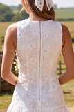 Floral Ivory A-Line Bateau Neck Lace Tiered Ruffle Short Bridal Shower Dress
