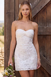 Strapless Ivory Bodycon Lace Beaded Ruched Floral Short Bridal Shower Dress