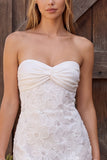 Strapless Ivory Bodycon Lace Beaded Ruched Floral Short Bridal Shower Dress
