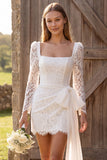 Ivory Ruched Bodycon Square Neck Lace Long Sleeves Short Bridal Shower Dress with Bow
