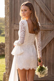 Ivory Ruched Bodycon Square Neck Lace Long Sleeves Short Bridal Shower Dress with Bow