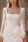 Ivory Ruched Bodycon Square Neck Lace Long Sleeves Short Bridal Shower Dress with Bow