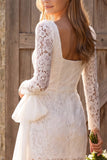 Ivory Ruched Bodycon Square Neck Lace Long Sleeves Short Bridal Shower Dress with Bow