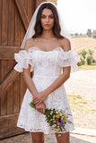 Off the Shoulder Ruffled Short Sleeves Ivory A-Line Lace Bridal Shower Dress