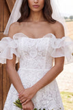 Off the Shoulder Ruffled Short Sleeves Ivory A-Line Lace Bridal Shower Dress