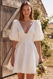 Ivory A-Line V-Neck Jacquard Puff Sleeves Short Bridal Shower Dress