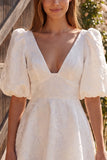 Ivory A-Line V-Neck Jacquard Puff Sleeves Short Bridal Shower Dress