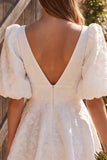 Ivory A-Line V-Neck Jacquard Puff Sleeves Short Bridal Shower Dress