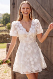 Ivory V-Neck Floral A-Line Appliqued Short Bridal Shower Dress