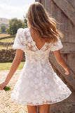 Ivory V-Neck Floral A-Line Appliqued Short Bridal Shower Dress