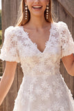 Ivory V-Neck Floral A-Line Appliqued Short Bridal Shower Dress