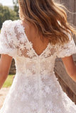 Ivory V-Neck Floral A-Line Appliqued Short Bridal Shower Dress
