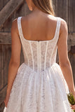 Ivory Corset A-Line Square Neck Lace Short Bridal Shower Dress