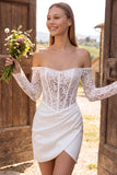 Off the Shoulder Ivory Bodycon Corset Ruched Lace Pearls Short Bridal Shower Dress