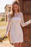 Ivory Bodycon Illusion Neck Long Sleeves Lace Short Bridal Shower Dress