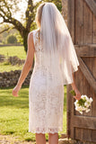 Ivory Sheath Lace Boat Neck Floral Midi Bridal Shower Dress