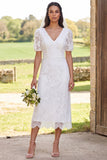 Ivory Lace Sheath V-Neck Short Sleeves Midi Bridal Shower Dress with Back Slit