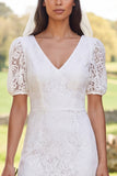 Ivory Lace Sheath V-Neck Short Sleeves Midi Bridal Shower Dress with Back Slit