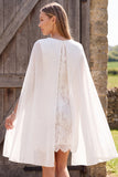 Ivory Bateau Neck Lace Sheath Short Bridal Shower Dress with Cape