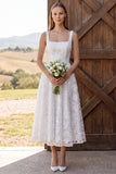 Ivory Floral A-Line Square Neck Appliqued Midi Bridal Shower Dress