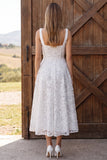 Ivory Floral A-Line Square Neck Appliqued Midi Bridal Shower Dress