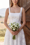 Ivory Floral A-Line Square Neck Appliqued Midi Bridal Shower Dress
