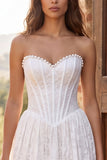 Strapless Ivory Corset A-Line Pearls Lace Long Bridal Shower Dress