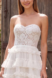 Ivory Tiered Ruffled A-Line Strapless Long Bridal Shower Dress with Lace