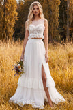 Ivory Two Piece A-Line Illusion Neck Ruffled Long Bridal Shower Dress with Side Slit