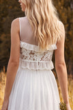 Ivory Two Piece A-Line Illusion Neck Ruffled Long Bridal Shower Dress with Side Slit