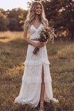 Ivory V-Neck Two Piece Tiered Slit A-Line Lace Long Bridal Shower Dress with Ruffles