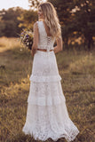 Ivory V-Neck Two Piece Tiered Slit A-Line Lace Long Bridal Shower Dress with Ruffles