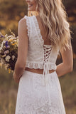 Ivory V-Neck Two Piece Tiered Slit A-Line Lace Long Bridal Shower Dress with Ruffles