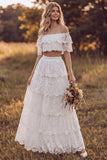 Ivory Two Piece Off the Shoulder A-Line Tiered Ruffled Long Bridal Shower Dress
