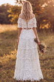 Ivory Two Piece Off the Shoulder A-Line Tiered Ruffled Long Bridal Shower Dress