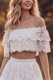 Ivory Two Piece Off the Shoulder A-Line Tiered Ruffled Long Bridal Shower Dress