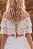 Ivory Two Piece Off the Shoulder A-Line Tiered Ruffled Long Bridal Shower Dress
