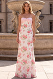 Pink Sequins Satin Sheath Floral Strapless Long Prom Dress with Back Bow