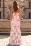 Pink Sequins Satin Sheath Floral Strapless Long Prom Dress with Back Bow