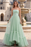 Sage Green Strapless Sequins A-Line Tulle High Low Hem Long Prom Dress