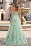 Sage Green Strapless Sequins A-Line Tulle High Low Hem Long Prom Dress