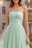 Sage Green Strapless Sequins A-Line Tulle High Low Hem Long Prom Dress